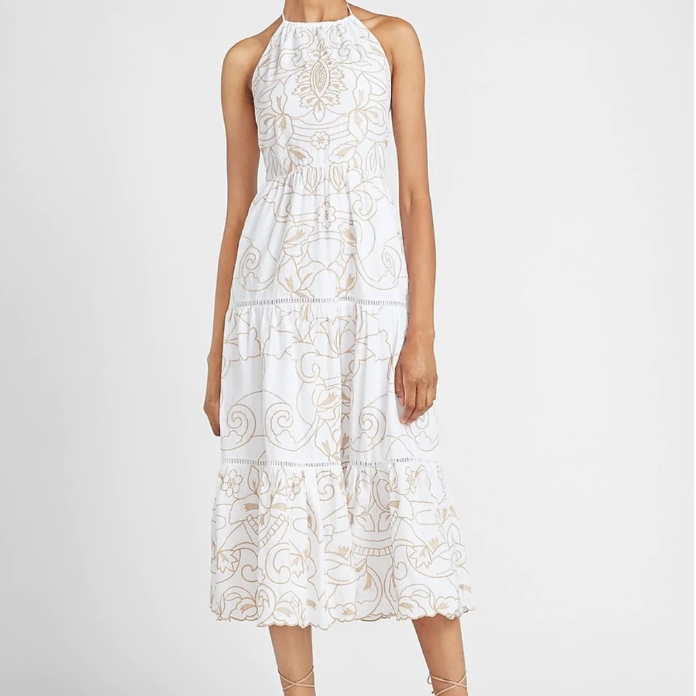 Express White Midi Halter Dress with Cream Embroidery
